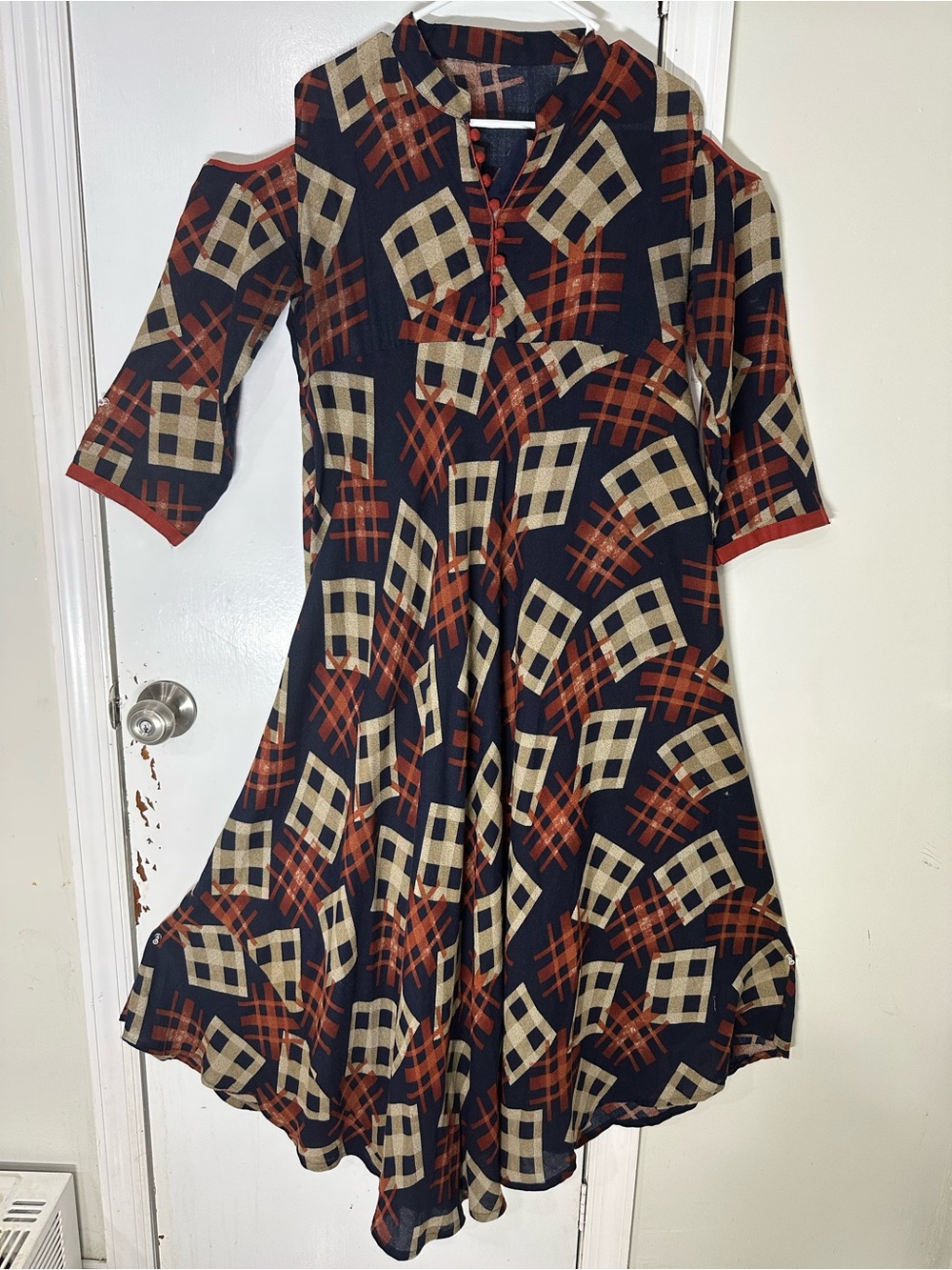 Girls Black Dress with Rust and Cream Geometric Print